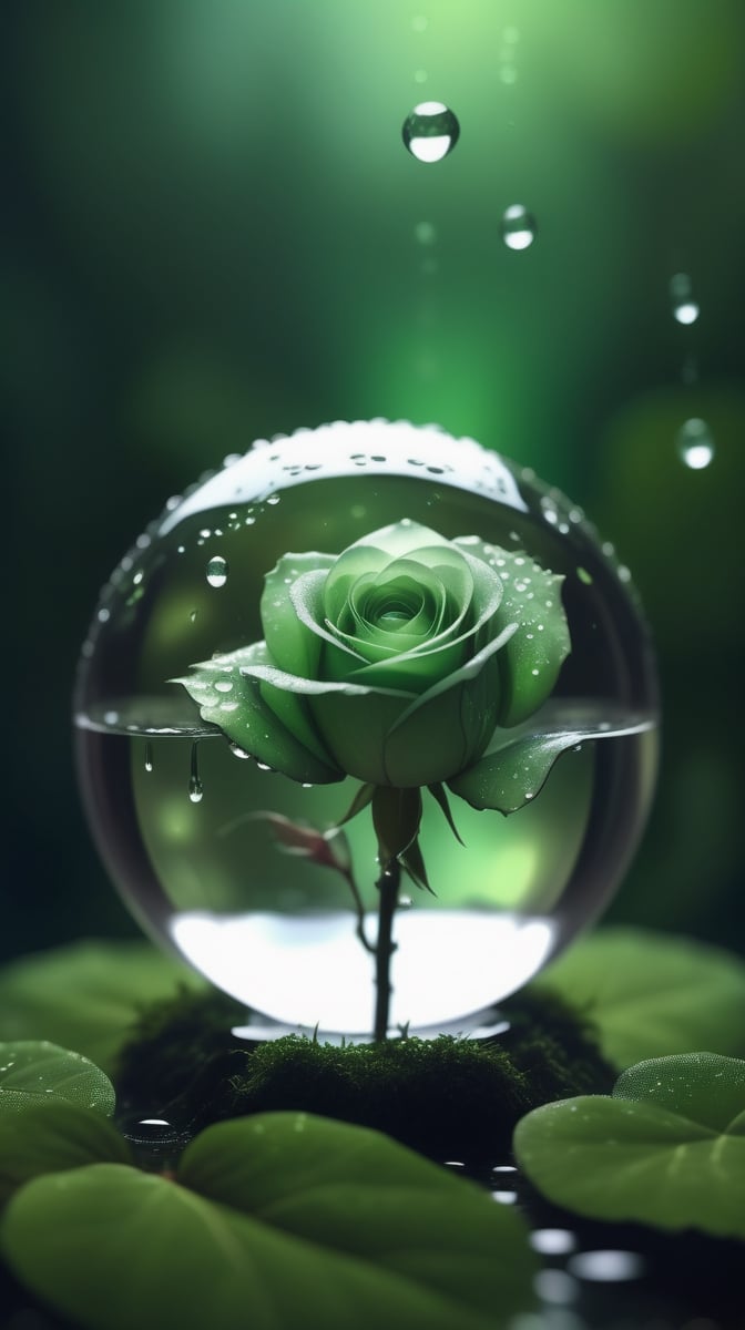 a simple blurred dark moss green background, a big transparent crystal  sphere filled with clear water and a few droplets of water,in which grows a tender green rose with two large leaves and a thin stem,love heart shape,the entire scene is illuminated by a soft green light, giving a sense of tranquility and harmony,
photorealistic

