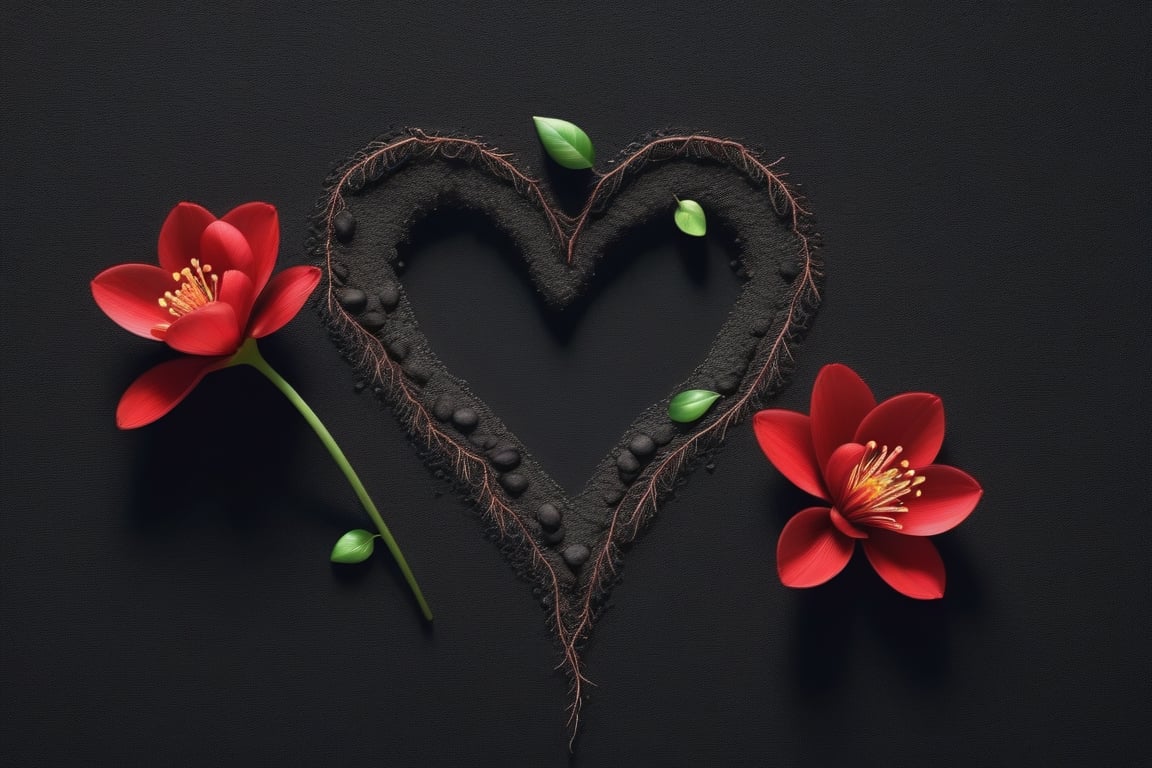 blank pure lightblack backround, one sprouting seed with thin root system on the ground at the bottom of the picture, 3 red blooming flowers,the petals are falling, and some of them makd up a lovely heart shape on the ground,high photorealistic