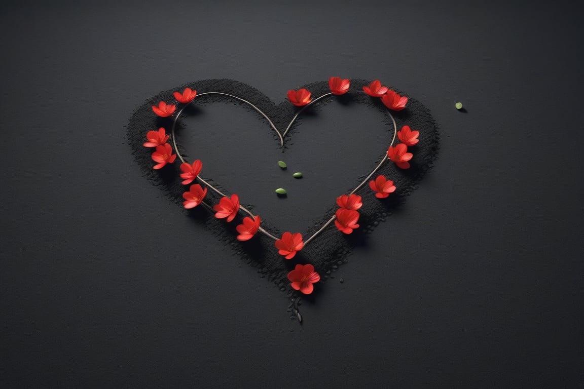 blank pure lightblack backround, one sprouting seed with thin root system on the ground at the bottom of the picture, 3 red blooming flowers,the petals are falling, and some of them makd up a lovely heart shape on the ground,high photorealistic