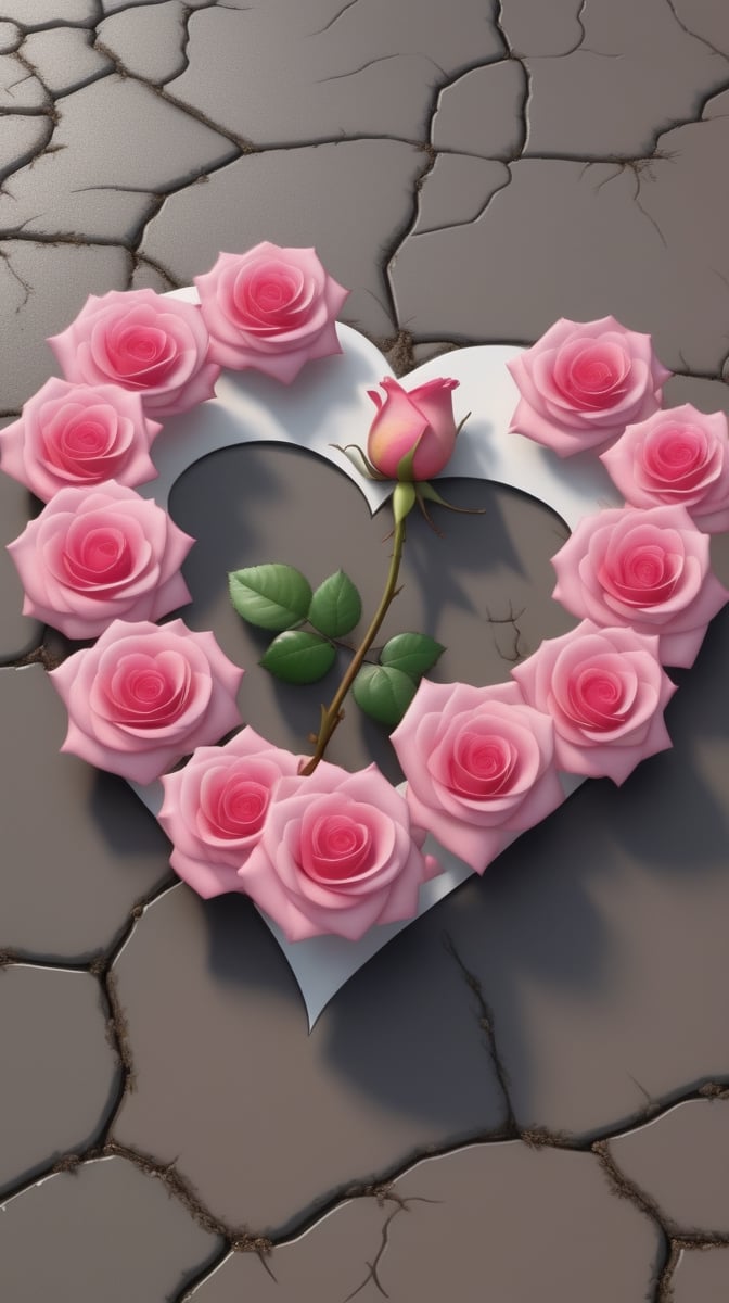 one pink blooming rose,the petals are falling, the petals formed a lovely heart shape on the ground,with a thin root system, high quality,
photorealistic

