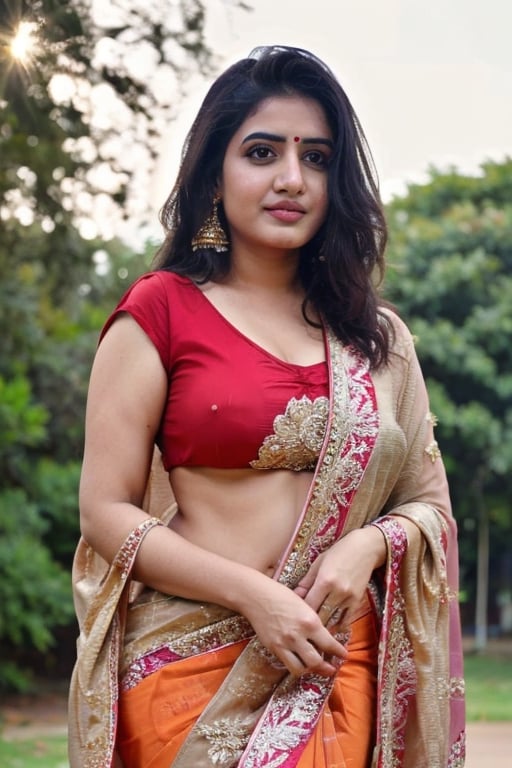 curvy thick Indian beautiful 30 years Indian wom, Best picture quality, high resolution, 8k, realistic, sharp focus, focus on face, realistic, closeup, smooth skin beauful plain saree, perfect saree, indian saree , indain look, pale skin, outdoor,photo, sun light