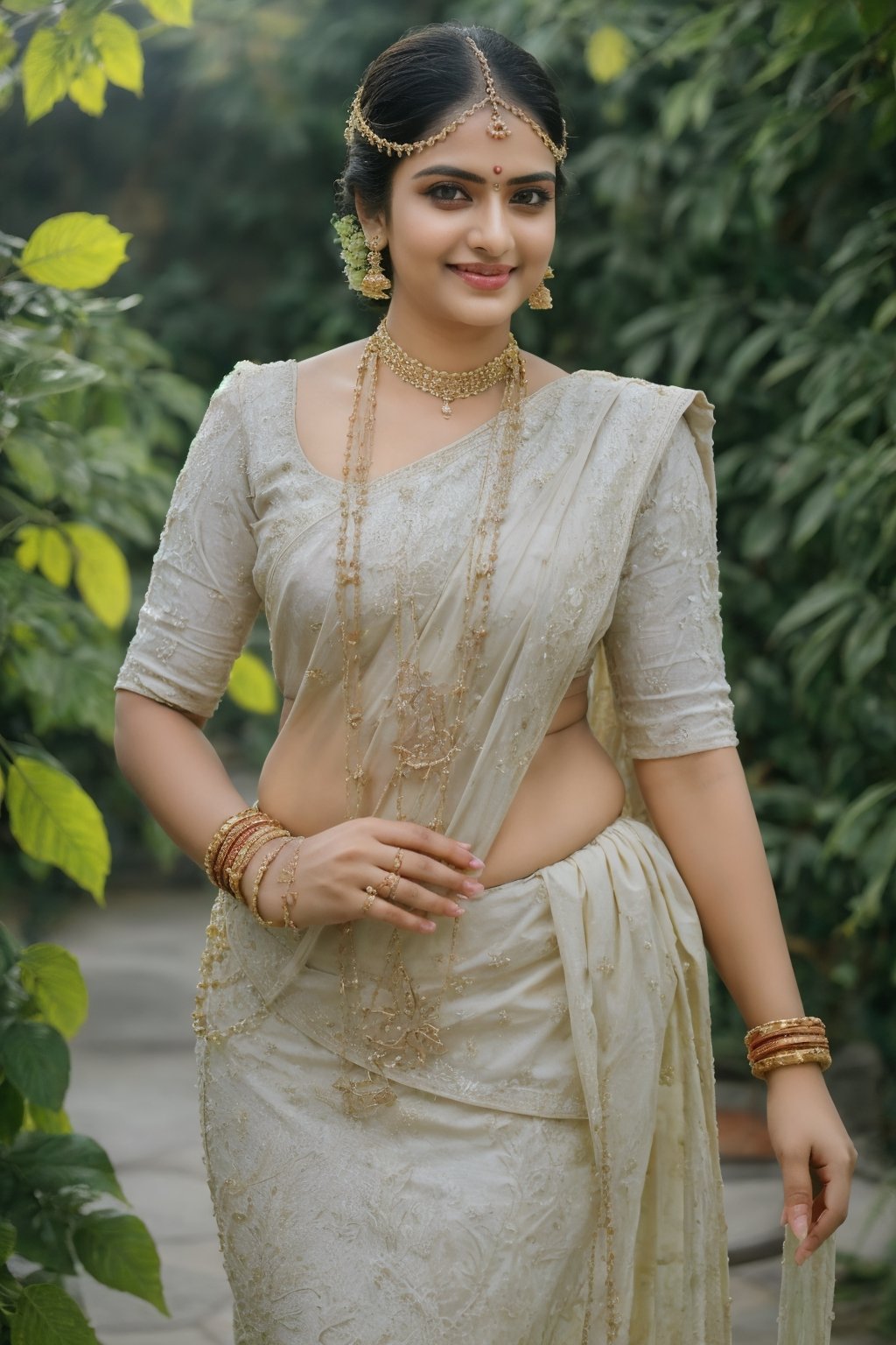 curvy thick Indian beautiful 30years Indian women, beauful plain saree, perfect saree, indian saree , indain look, pale skin, outdoor,photo, sun light, beauty_mark, beautifull and well define face, perfect face, perfect and beautifull eyes