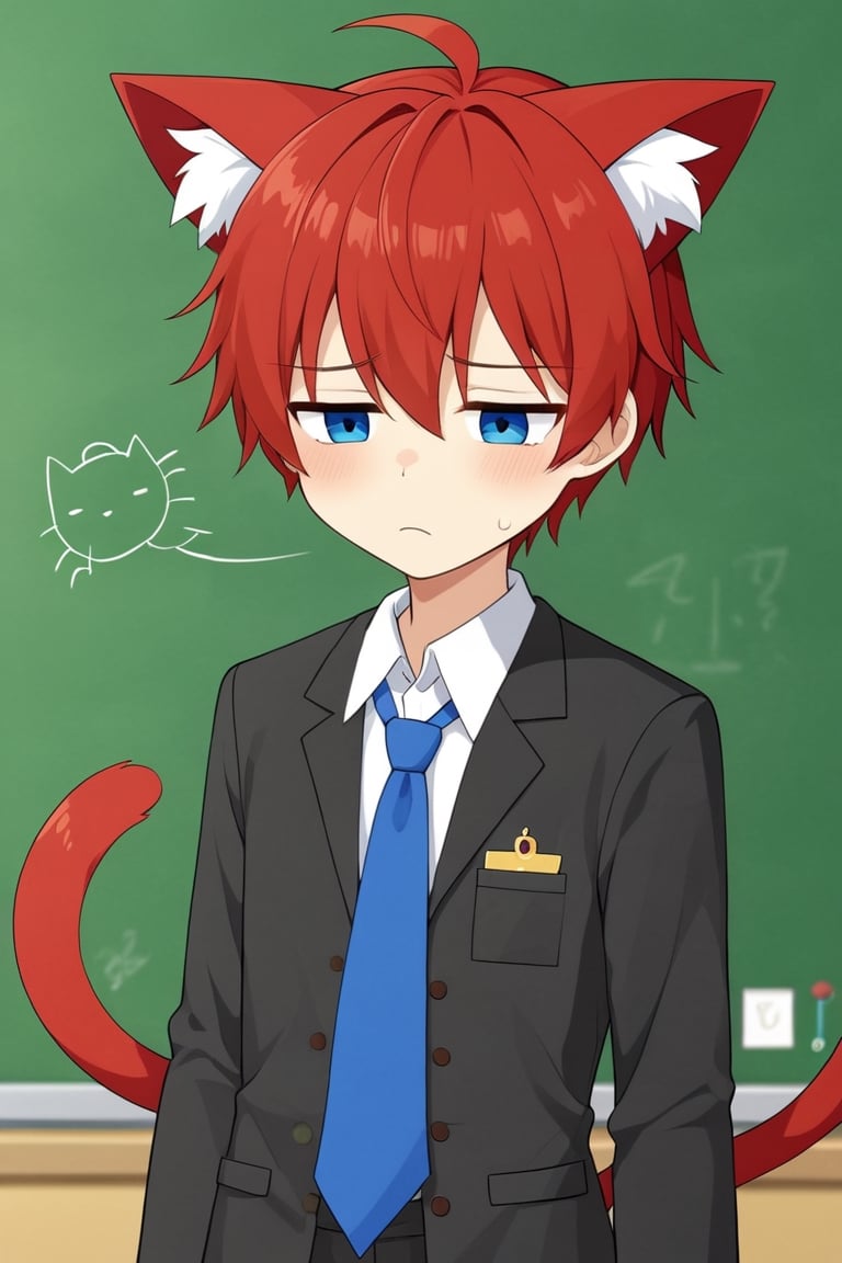 Produce an artwork depicting a young-looking male teacher with striking red hair and blue eyes. Despite his tired but amiable demeanor, he emanates a sense of approachability. Adorned in casual red teacher's clothing, he possesses a pair of fluffy red cat ears atop his head and a matching red cat tail swaying behind him. Infuse the scene with a touch of whimsy, capturing his warmth and friendly nature.