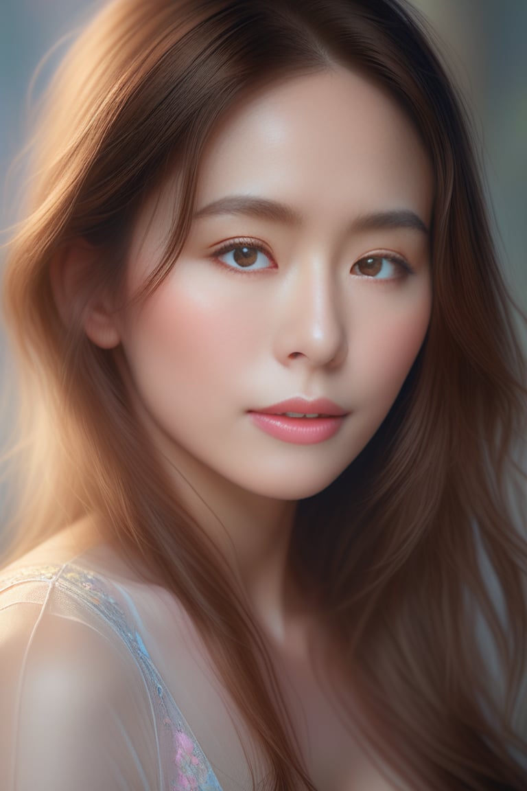 Beautiful woman, soft lighting,  ethereal, high detail, portrait, elegant, delicate features, pastel colors, emotional expression, masterpiece, 8k resolution, Extremely high-resolution details, photographic, realism pushed to extreme, fine texture, incredibly lifelike, looking at viewer, solo focus, realistic, photorealistic, face details, real face, 1girl, brown hair,