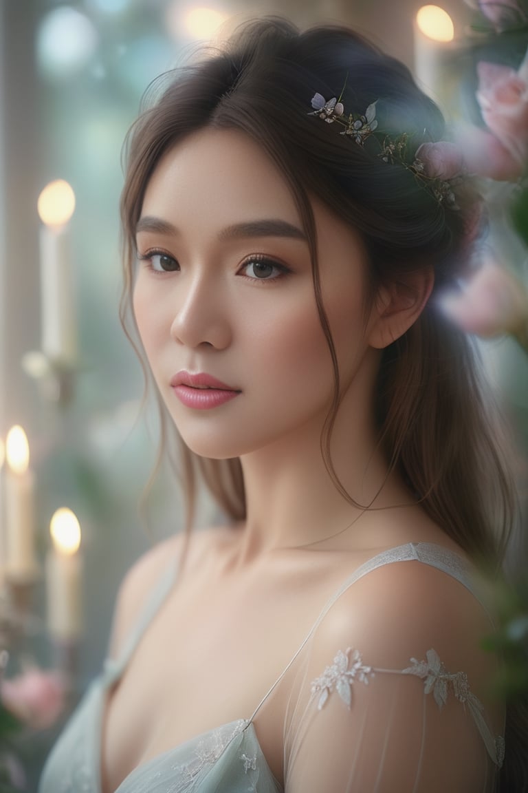 1girl, Beautiful woman in a very romantic environment, soft lighting, dreamy atmosphere, ethereal, high detail, portrait, elegant, delicate features, romantic setting, pastel colors, emotional expression, masterpiece, 4k resolution, Extremely high-resolution details, photographic, realism pushed to extreme, fine texture, incredibly lifelike,