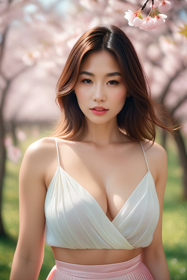 Beautiful woman, high detail, portrait, elegant, delicate features, emotional expression, masterpiece, 8k resolution, Extremely high-resolution details, realism pushed to extreme, fine texture, incredibly lifelike, looking at viewer, solo focus, realistic, photorealistic, cinematic lighting, sun light, ultra realistic photograph, pastel background with pastel bokeh, Exquisite details and textures, grainy, film analog photography, film, face details, real face, huge saggy breasts, cleavage, white shirt, pleated skirt, a blooming cherry blossom grove, with delicate pink petals floating in the breeze, 1girl,