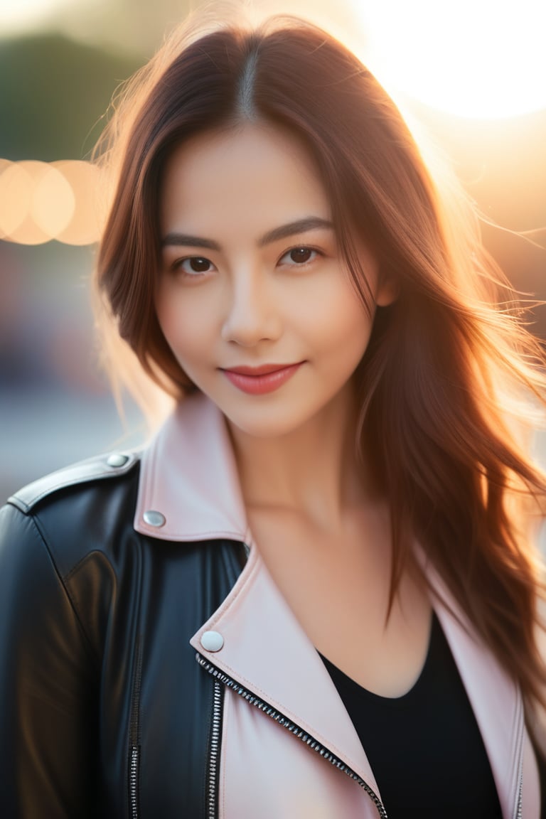 Beautiful woman, high detail, portrait, elegant, delicate features, emotional expression, masterpiece, 8k resolution, Extremely high-resolution details, realism pushed to extreme, fine texture, incredibly lifelike, looking at viewer, solo focus, realistic, photorealistic, cinematic lighting, sun light, ultra realistic photograph, pastel background with pastel bokeh, Exquisite details and textures, grainy, analog photography, film, light dreamy haze film grain effect, face details, real face, She is wearing a leather jacket with a zipper, a bodysuit, and leather pants. The outdoor setting has a blurry background, wears a belt, 1girl, smile,