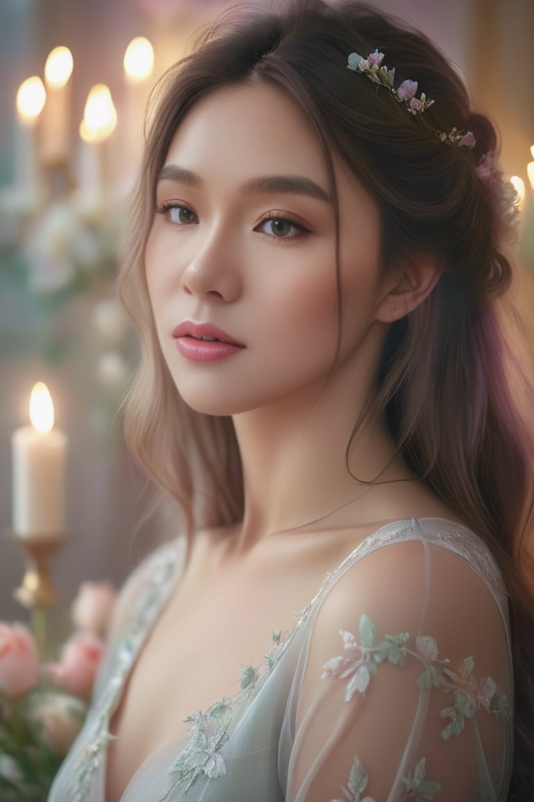 1girl, Beautiful woman in a very romantic environment, soft lighting, dreamy atmosphere, ethereal, high detail, portrait, elegant, delicate features, romantic setting, pastel colors, emotional expression, masterpiece, 4k resolution, Extremely high-resolution details, photographic, realism pushed to extreme, fine texture, incredibly lifelike,