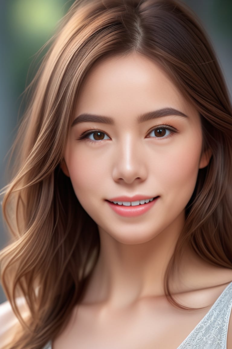 Beautiful woman, high detail, portrait, elegant, delicate features, emotional expression, masterpiece, 8k resolution, Extremely high-resolution details, realism pushed to extreme, fine texture, incredibly lifelike, looking at viewer, solo focus, realistic, photorealistic, ultra realistic photograph, Exquisite details and textures, grainy, face details, real face, smile,1girl, brown hair,