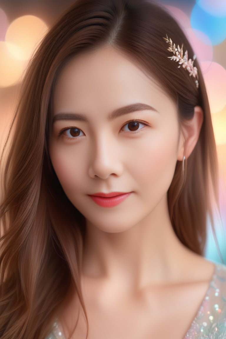 Beautiful woman, high detail, portrait, elegant, delicate features, emotional expression, masterpiece, 8k resolution, Extremely high-resolution details, realism pushed to extreme, fine texture, incredibly lifelike, looking at viewer, solo focus, realistic, photorealistic, ultra realistic photograph, pastel background with pastel bokeh, Exquisite details and textures, grainy, face details, real face, smile,1girl, brown hair,
