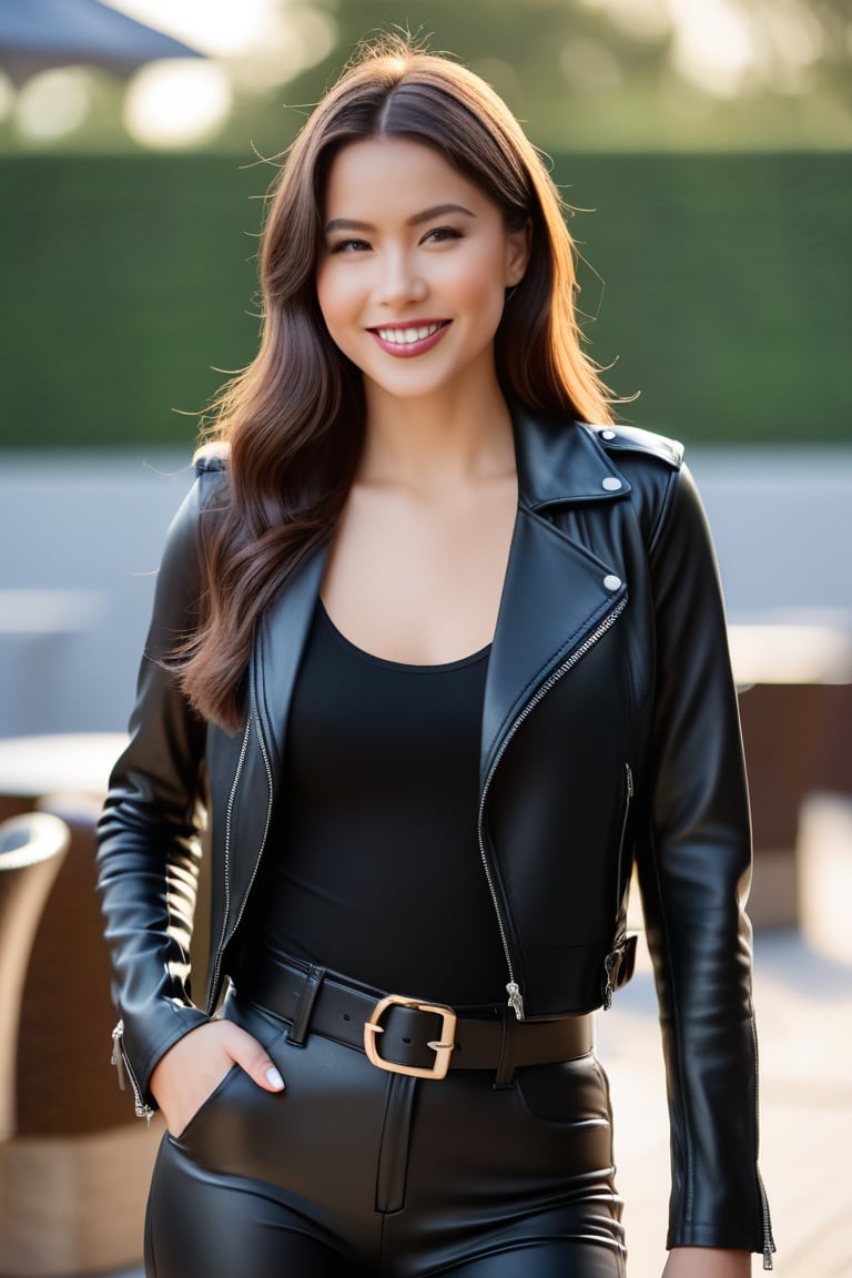 She is wearing a leather jacket with a zipper, a bodysuit, and leather pants. The outdoor setting has a blurry background, wears a belt, 1girl, smile,