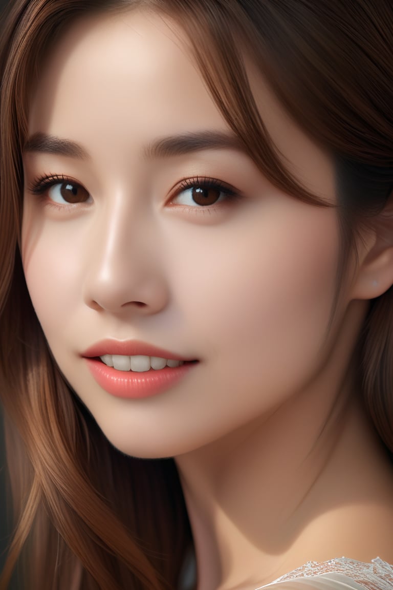 Beautiful woman, high detail, portrait, elegant, delicate features, emotional expression, masterpiece, 8k resolution, Extremely high-resolution details, realism pushed to extreme, fine texture, incredibly lifelike, looking at viewer, solo focus, realistic, photorealistic, ultra realistic photograph, Exquisite details and textures, grainy, face details, real face, smile,1girl, brown hair,