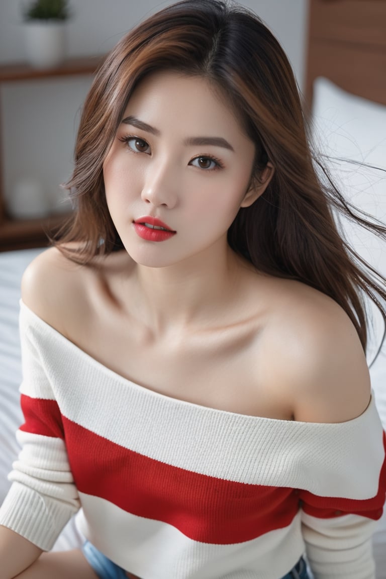 1girl, ((asian girl)), solo, long hair, looking at viewer, brown hair, shirt, navel, bare shoulders, cowboy shot, parted lips, shorts, midriff, indoors, off shoulder, mole, blurry, sweater, crop top, short shorts, bed, blurry background, white shorts, off-shoulder shirt, red lips, photo, (((masterpiece))), ((photorealistic:1.4)), ((realistic:1.4)), ((best quality)), ((official art, extremely detailed CG unity 8k wallpaper)), ((highly detailed)), ((absurdres)), ((8k resolution)),