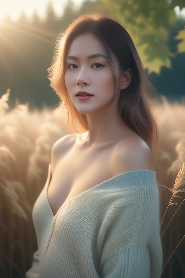 Beautiful woman, soft lighting, dreamy atmosphere, ethereal, high detail, portrait, elegant, delicate features, pastel colors, emotional expression, masterpiece, 8k resolution, Extremely high-resolution details, photographic, realism pushed to extreme, fine texture, incredibly lifelike, looking at viewer, solo focus, realistic, photorealistic, cleavage, thin waist, off shoulder swater, oversize sweater, field grass, maple trees, golden hour, film grain, 1girl,