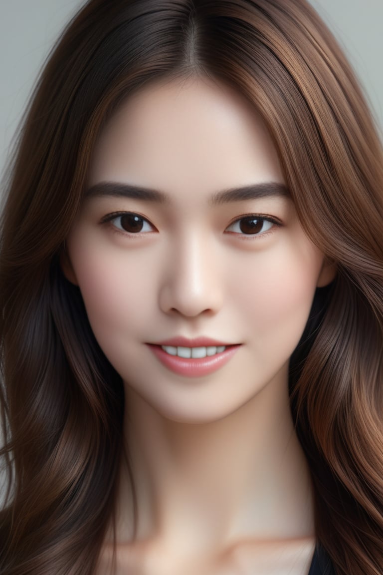 Beautiful woman, high detail, portrait, elegant, delicate features, emotional expression, masterpiece, 8k resolution, Extremely high-resolution details, realism pushed to extreme, fine texture, incredibly lifelike, looking at viewer, solo focus, realistic, photorealistic, ultra realistic photograph, Exquisite details and textures, grainy, face details, real face, smile,1girl, brown hair,