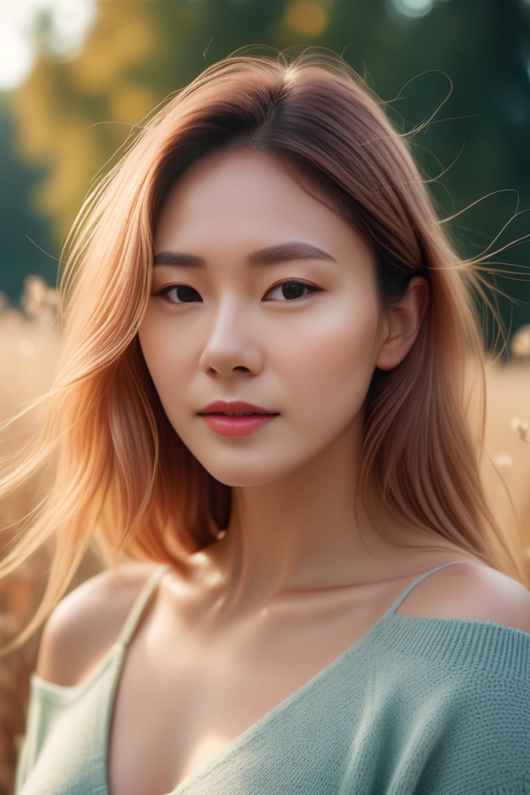 Beautiful woman, high detail, portrait, elegant, delicate features, emotional expression, masterpiece, 8k resolution, Extremely high-resolution details, realism pushed to extreme, fine texture, incredibly lifelike, looking at viewer, solo focus, realistic, photorealistic, cinematic lighting, sun light, ultra realistic photograph, pastel background with pastel bokeh, Exquisite details and textures, grainy, analog photography, film, light dreamy haze film grain effect, face details, real face, cleavage, thin waist, bare shoulder swater, oversize sweater, field grass, maple trees, 1girl,