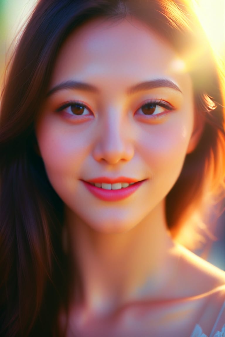 Beautiful woman, high detail, portrait, elegant, delicate features, emotional expression, masterpiece, 8k resolution, Extremely high-resolution details, realism pushed to extreme, fine texture, incredibly lifelike, looking at viewer, solo focus, realistic, photorealistic, cinematic lighting, sun light, ultra realistic photograph, pastel background with pastel bokeh, Exquisite details and textures, grainy, film analog photography, film, face details, real face, smile, 1girl,