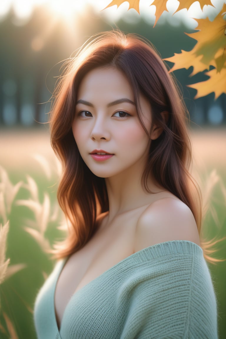 Beautiful woman, high detail, portrait, elegant, delicate features, emotional expression, masterpiece, 8k resolution, Extremely high-resolution details, realism pushed to extreme, fine texture, incredibly lifelike, looking at viewer, solo focus, realistic, photorealistic, cinematic lighting, sun light, ultra realistic photograph, pastel background with pastel bokeh, Exquisite details and textures, grainy, analog photography, film, light dreamy haze film grain effect, face details, real face, cleavage, thin waist, bare shoulder swater, oversize sweater, field grass, maple trees, 1girl,