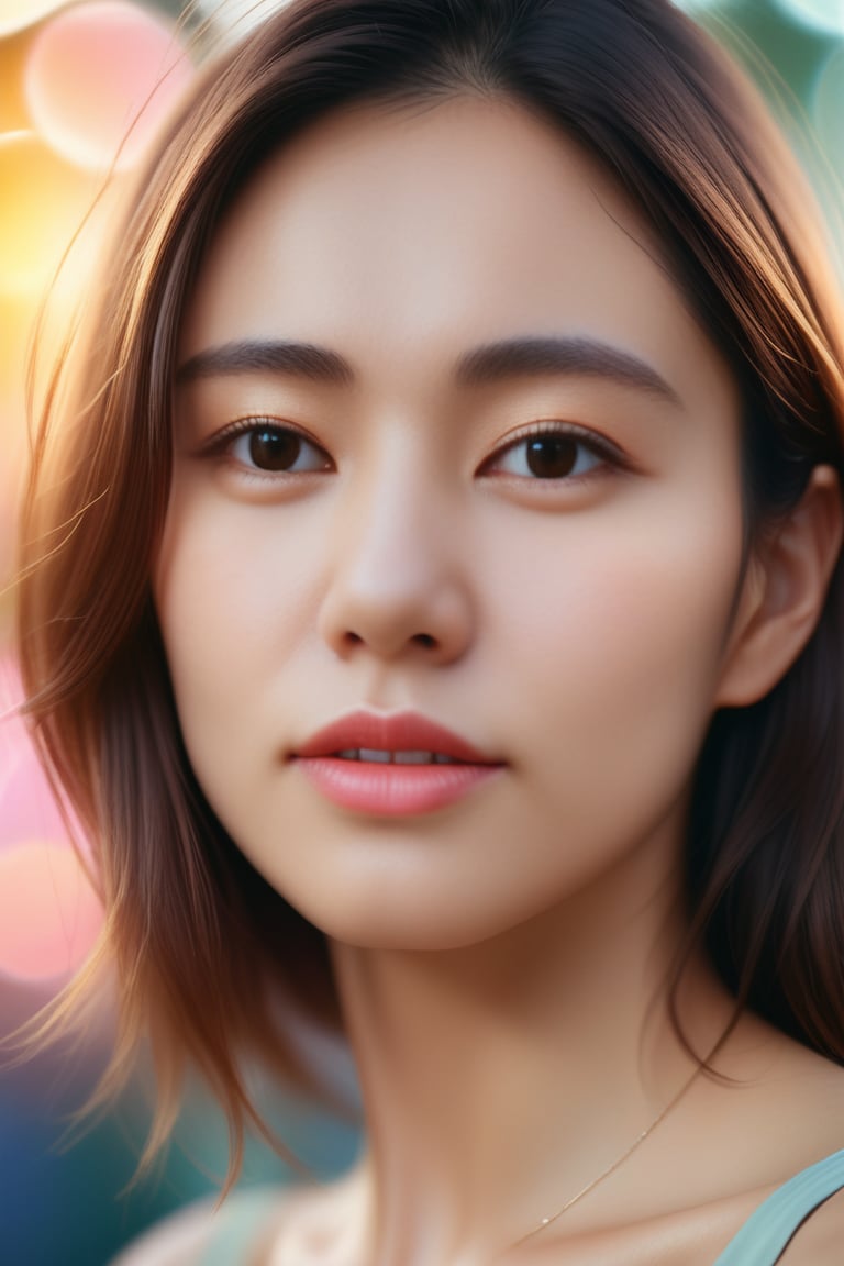 Beautiful woman, high detail, portrait, elegant, delicate features, emotional expression, masterpiece, 8k resolution, Extremely high-resolution details, realism pushed to extreme, fine texture, incredibly lifelike, looking at viewer, solo focus, realistic, photorealistic, cinematic lighting, sun light, ultra realistic photograph, pastel background with pastel bokeh, Exquisite details and textures, grainy, film analog photography, film, face details, real face, 1girl,