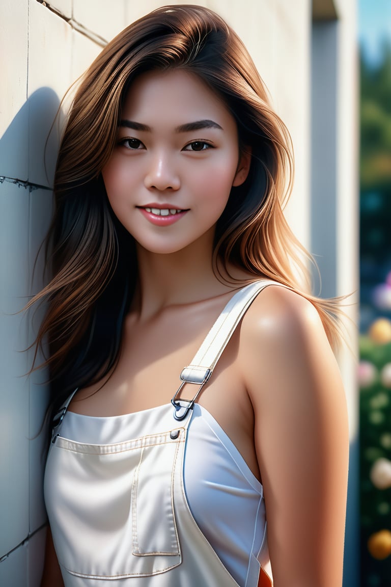 Beautiful woman, high detail, portrait, elegant, delicate features, emotional expression, masterpiece, 8k resolution, Extremely high-resolution details, realism pushed to extreme, fine texture, incredibly lifelike, looking at viewer, solo focus, realistic, photorealistic, cinematic lighting, sun light, ultra realistic photograph, pastel background with pastel bokeh, Exquisite details and textures, grainy, film analog photography, film, face details, real face,, happy college student with white overalls and nothing else, large natural breasts, painting a wall white, 1girl,