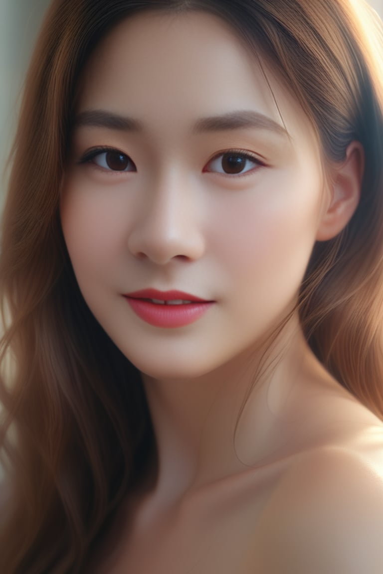 Beautiful woman, soft lighting, dreamy atmosphere, ethereal, high detail, portrait, elegant, delicate features, pastel colors, emotional expression, masterpiece, 8k resolution, Extremely high-resolution details, photographic, realism pushed to extreme, fine texture, incredibly lifelike, looking at viewer, solo focus, realistic, photorealistic, face details, real face, detailed eyes, detailed nose, 1girl, smile, brown hair,