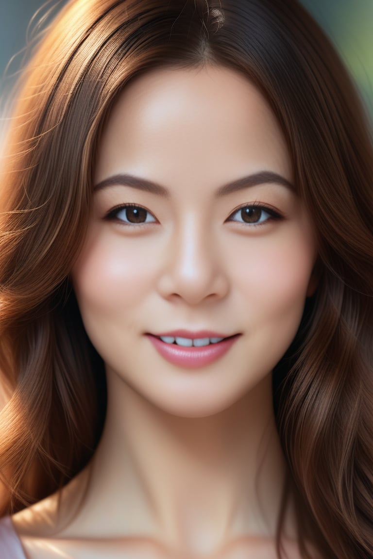 Beautiful woman, high detail, portrait, elegant, delicate features, emotional expression, masterpiece, 8k resolution, Extremely high-resolution details, realism pushed to extreme, fine texture, incredibly lifelike, looking at viewer, solo focus, realistic, photorealistic, ultra realistic photograph, Exquisite details and textures, grainy, face details, real face, smile,1girl, brown hair,