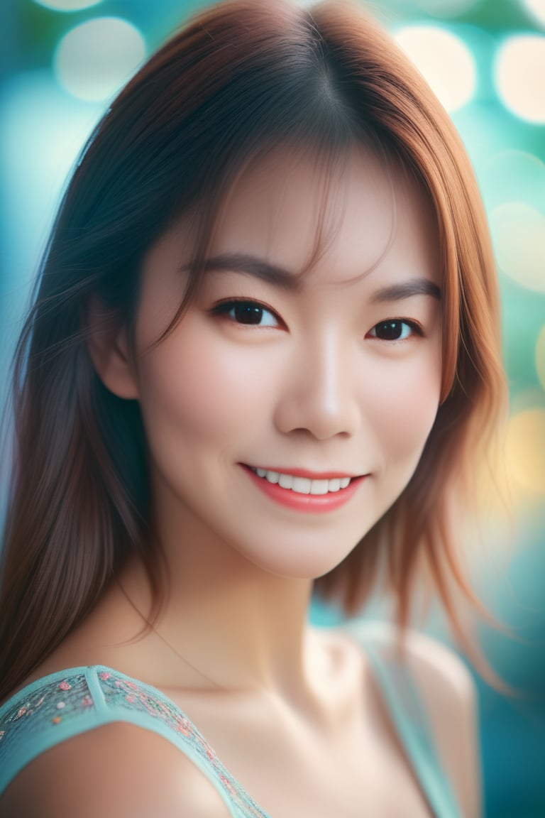 Beautiful woman, high detail, portrait, elegant, delicate features, emotional expression, masterpiece, 8k resolution, Extremely high-resolution details, realism pushed to extreme, fine texture, incredibly lifelike, looking at viewer, solo focus, realistic, photorealistic, ultra realistic photograph, pastel background with pastel bokeh, Exquisite details and textures, grainy, Lomography, face details, real face, smile,Beautiful woman, high detail, portrait, elegant, delicate features, emotional expression, masterpiece, 8k resolution, Extremely high-resolution details, realism pushed to extreme, fine texture, incredibly lifelike, looking at viewer, solo focus, realistic, photorealistic, ultra realistic photograph, pastel background with pastel bokeh, Exquisite details and textures, grainy, Lomography, face details, real face, smile, 1girl, brown hair,