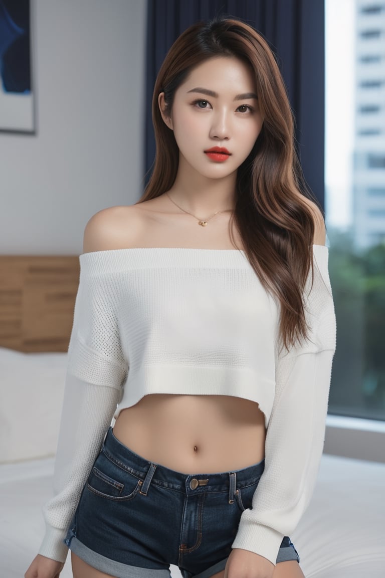 1girl, ((asian girl)), solo, long hair, looking at viewer, brown hair, shirt, navel, bare shoulders, cowboy shot, parted lips, shorts, midriff, indoors, off shoulder, mole, blurry, sweater, crop top, short shorts, bed, blurry background, white shorts, off-shoulder shirt, red lips, photo, (((masterpiece))), ((photorealistic:1.4)), ((realistic:1.4)), ((best quality)), ((official art, extremely detailed CG unity 8k wallpaper)), ((highly detailed)), ((absurdres)), ((8k resolution)),