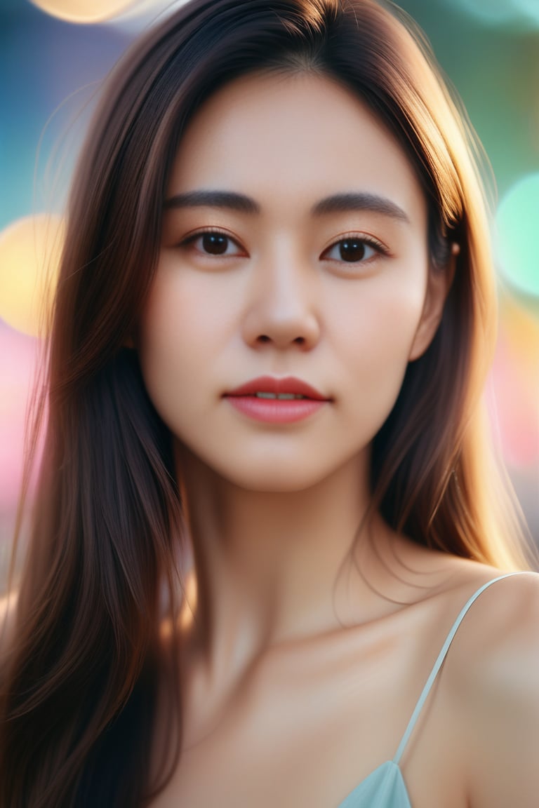 Beautiful woman, high detail, portrait, elegant, delicate features, emotional expression, masterpiece, 8k resolution, Extremely high-resolution details, realism pushed to extreme, fine texture, incredibly lifelike, looking at viewer, solo focus, realistic, photorealistic, cinematic lighting, sun light, ultra realistic photograph, pastel background with pastel bokeh, Exquisite details and textures, grainy, film analog photography, film, face details, real face, 1girl,