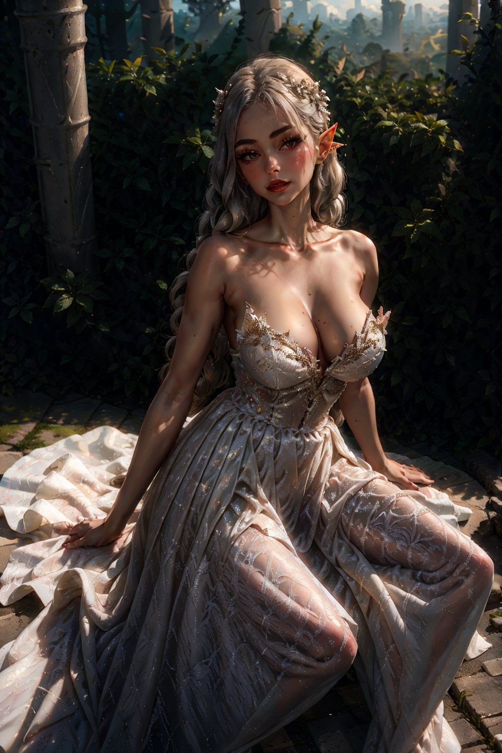 High quality, masterpiece, 1girl, solo_female, 21 year old girl, very hot, glowing pale white skin, shiny blonde hair, viking braids, brigth_red_eyes, ligth rosy lips, titty_buds, nice ass, pouty lips, sensual, loking at the viewer, toned legs, toned arms, perfect light, open legs sitting, big mushrooms as a background, spread legs,elf ears, ,princess dress, silver highlights in hair, white Princess dress