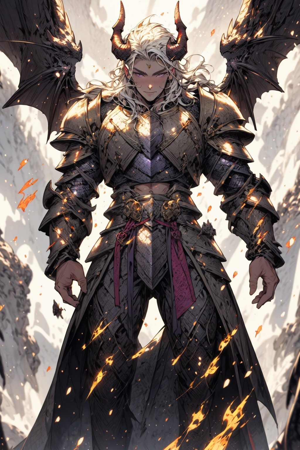 High quality, masterpiece, 1boy , 27 year old man, very hot, short blackluster hair, incandescent purple eyes, strong abs, wide shoulders, strong arms, front pose, ,dragon armor,1 girl,dragonknight,viking, devil_horns,Angel