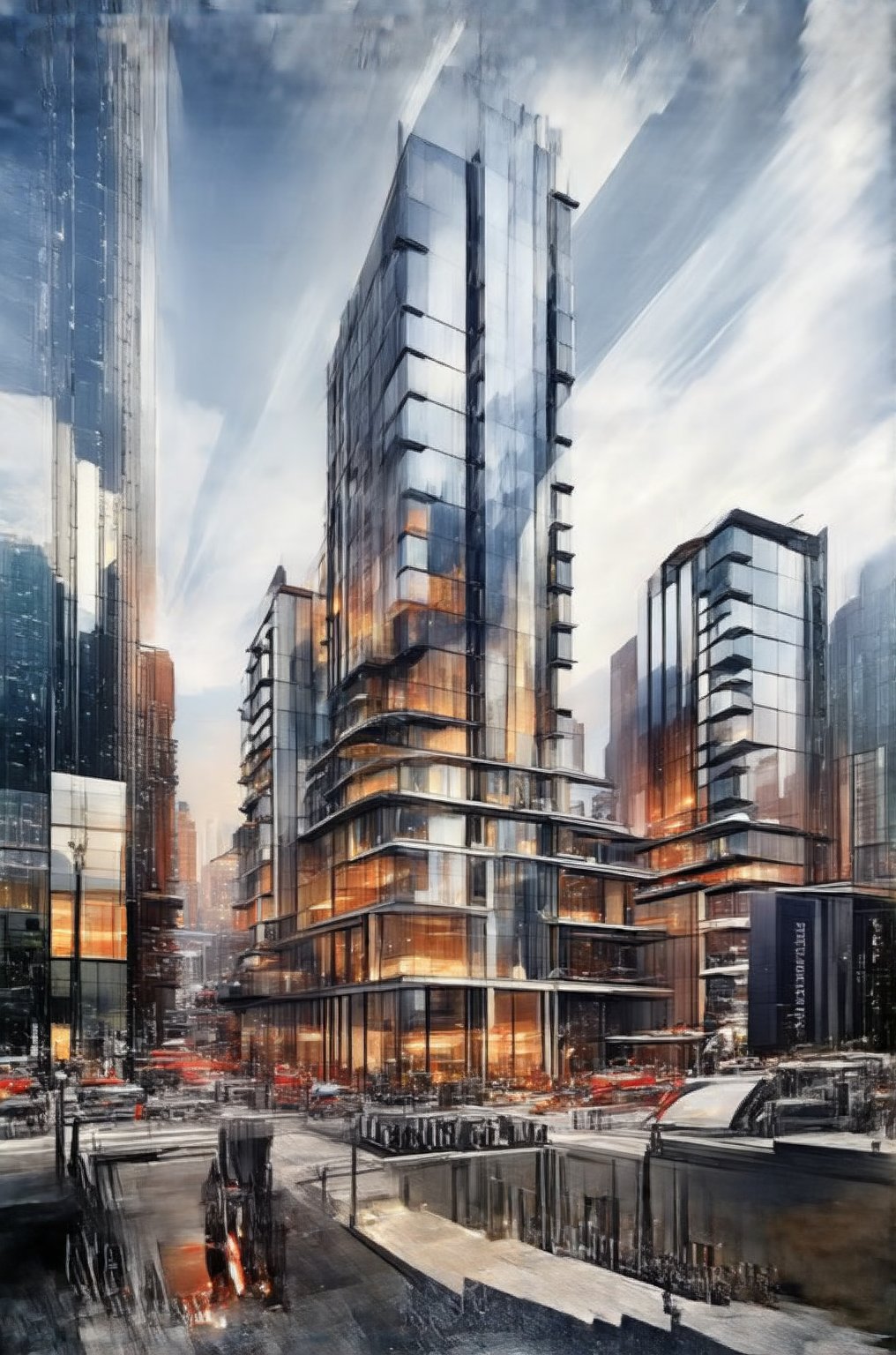 In a bold low-angle shot, the glassy façade of the New Colony's sleek building rises vertically into the sky, its sharp lines and reflective surfaces piercing through the urban void. The busy streets and surrounding buildings blur in the background, framing the subject as a beacon amidst the vibrant cityscape. Stacked windows reflect the steel giants of skyscrapers, while modern architecture meets avant-garde design.,Newcolony,Horizontal