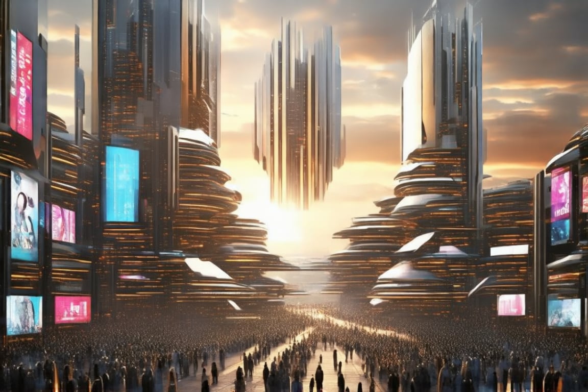 Futuristic Metropolis at Dusk: A sweeping cityscape unfolds as setting sun casts golden glow on towering skyscrapers, reflecting vibrant hues of orange and pink. Neon lights dance across pavement amidst slender poles supporting holographic ads. Crowds gather, diverse faces woven into pulsing energy, surrounded by Newcolony's stacked structures, symbolizing human innovation.,Horizontal,Stacked,futureurbannight,futureurbanday