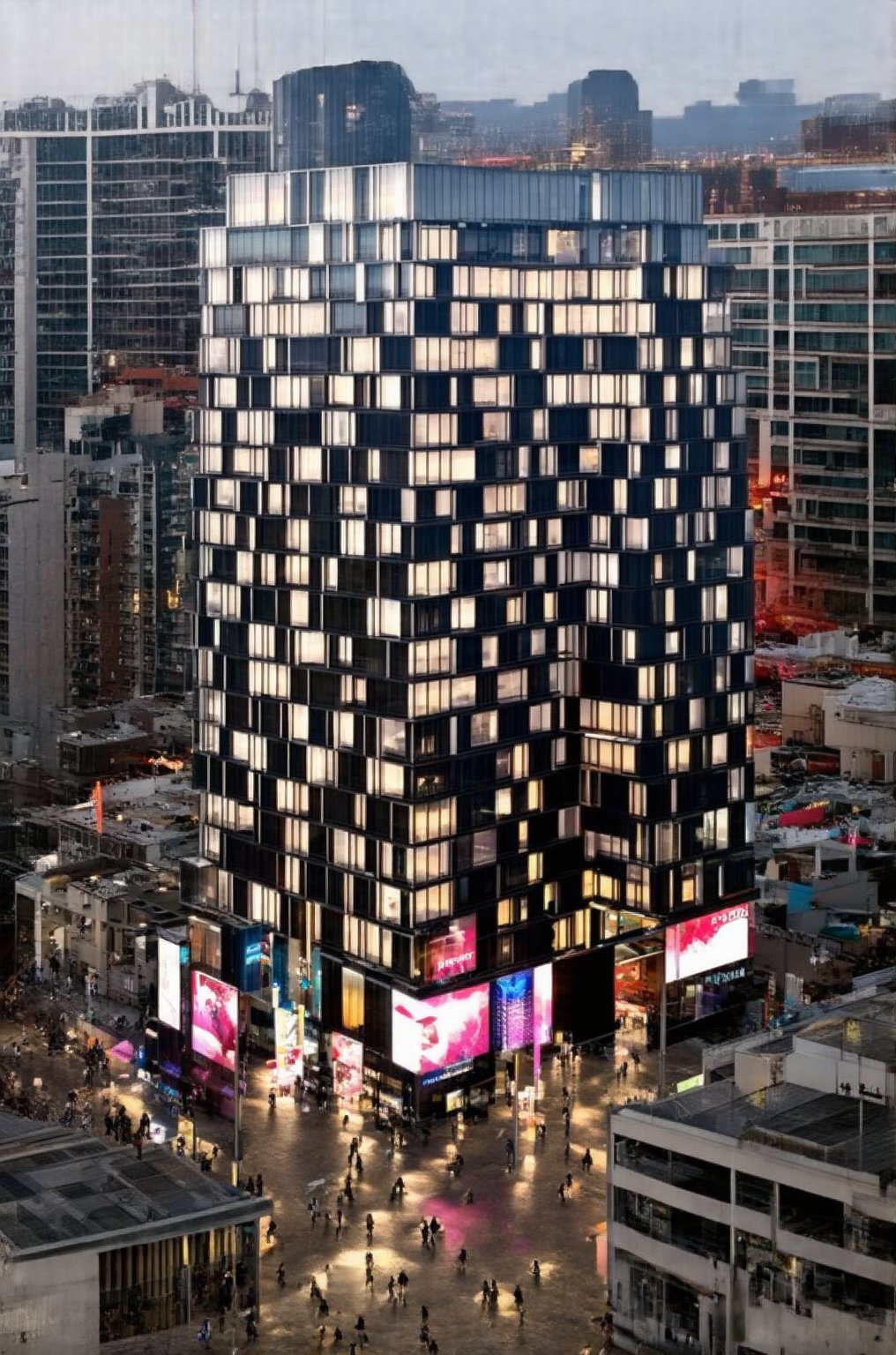 A futuristic cityscape at dusk, with sleek skyscrapers and neon-lit streets radiating a sense of technological advancement. Towering buildings with glass facades reflect the vibrant hues of the setting sun, while slender poles supporting holographic advertisements pierce the air. The atmosphere pulses with energy, as people from all walks of life converge on the bustling city.,Void