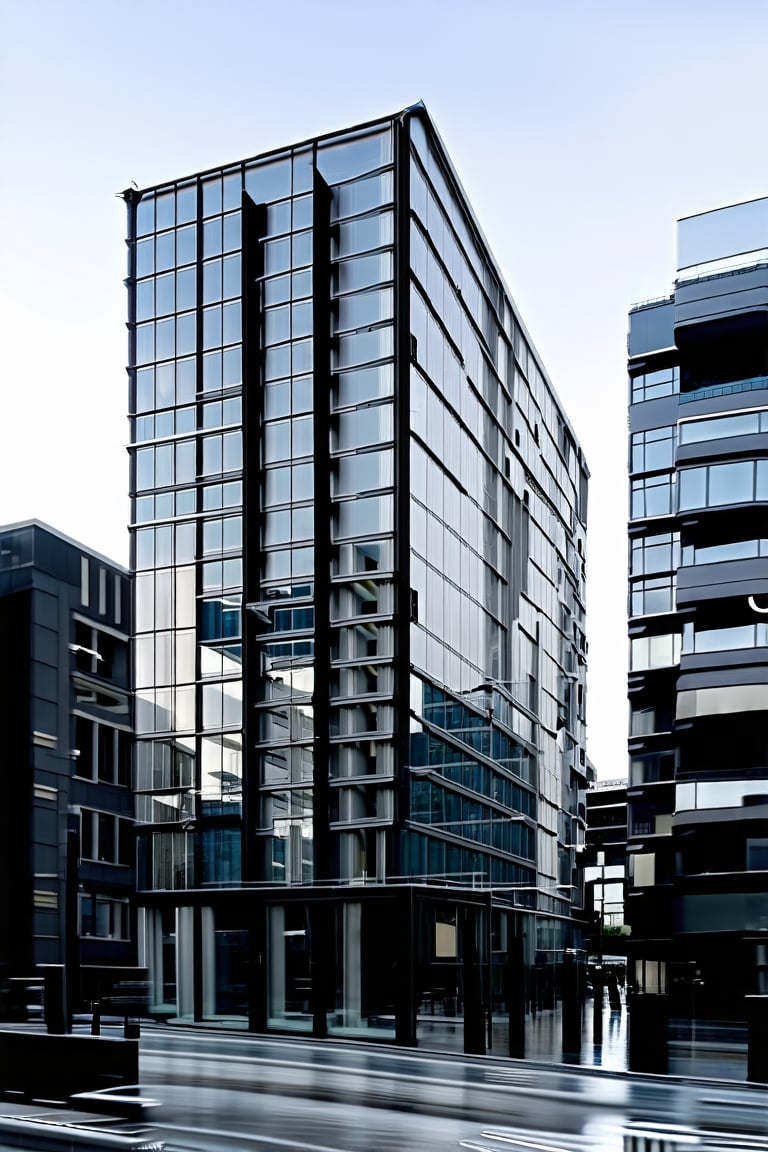 POV, DOF, A modern cityscape features a sleek, glass-fronted building standing proudly in the heart of town. The structure's vertical lines are juxtaposed with the horizontal plane of the sidewalk, creating a dynamic sense of tension. Framed by the blurred background of surrounding buildings and bustling streets, the subject takes center stage.,Vertical,Horizontal,Frames