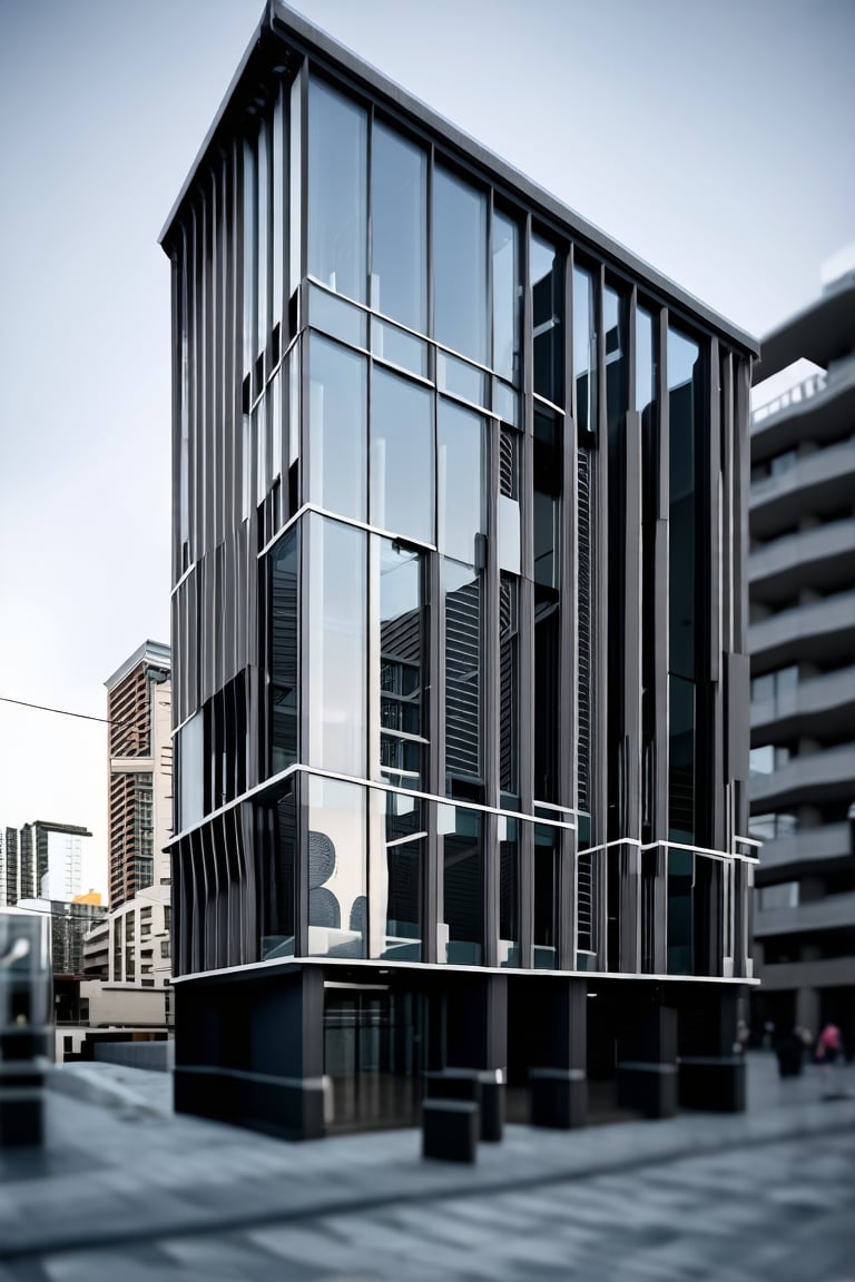 POV, DOF, A modern cityscape features a sleek, glass-fronted building standing proudly in the heart of town. The structure's vertical lines are juxtaposed with the horizontal plane of the sidewalk, creating a dynamic sense of tension. Framed by the blurred background of surrounding buildings and bustling streets, the subject takes center stage.,Vertical,Horizontal,Frames