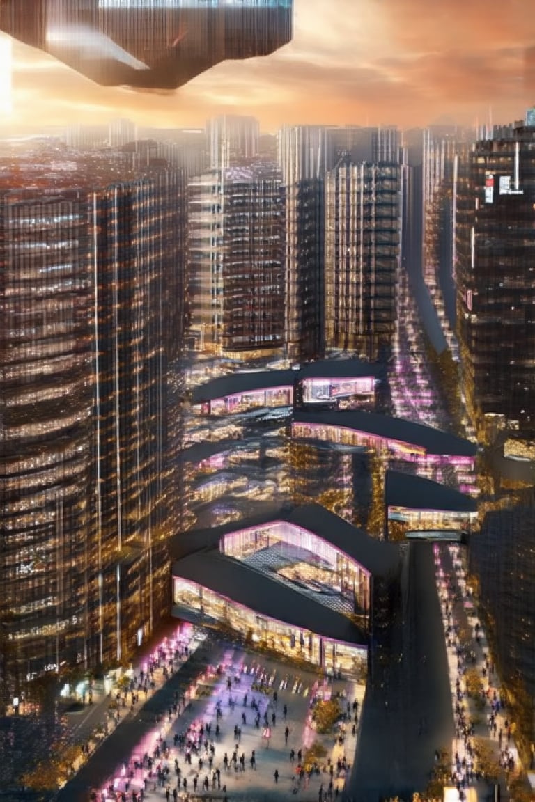 Futuristic Metropolis at Dusk: A sweeping cityscape unfolds as setting sun casts golden glow on towering skyscrapers, reflecting vibrant hues of orange and pink. Neon lights dance across pavement amidst slender poles supporting holographic ads. Crowds gather, diverse faces woven into pulsing energy, surrounded by Newcolony's stacked structures, symbolizing human innovation.,Horizontal,Stacked