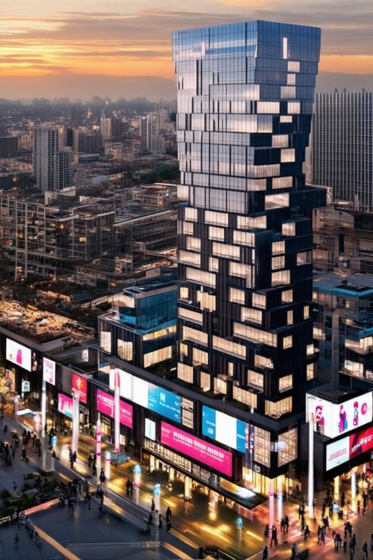 A futuristic cityscape at dusk, with sleek skyscrapers and neon-lit streets radiating a sense of technological advancement. Towering buildings with glass facades reflect the vibrant hues of the setting sun, while slender poles supporting holographic advertisements pierce the air. The atmosphere pulses with energy, as people from all walks of life converge on the bustling city.,Void