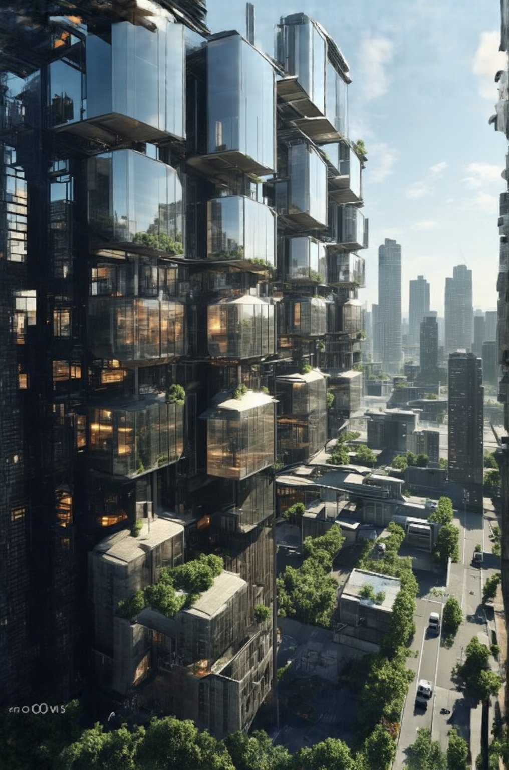 In a bold low-angle shot, the glassy façade of the New Colony's sleek building rises vertically into the sky, its sharp lines and reflective surfaces piercing through the urban void. The busy streets and surrounding buildings blur in the background, framing the subject as a beacon amidst the vibrant cityscape. Stacked windows reflect the steel giants of skyscrapers, while modern architecture meets avant-garde design.,Newcolony,Horizontal