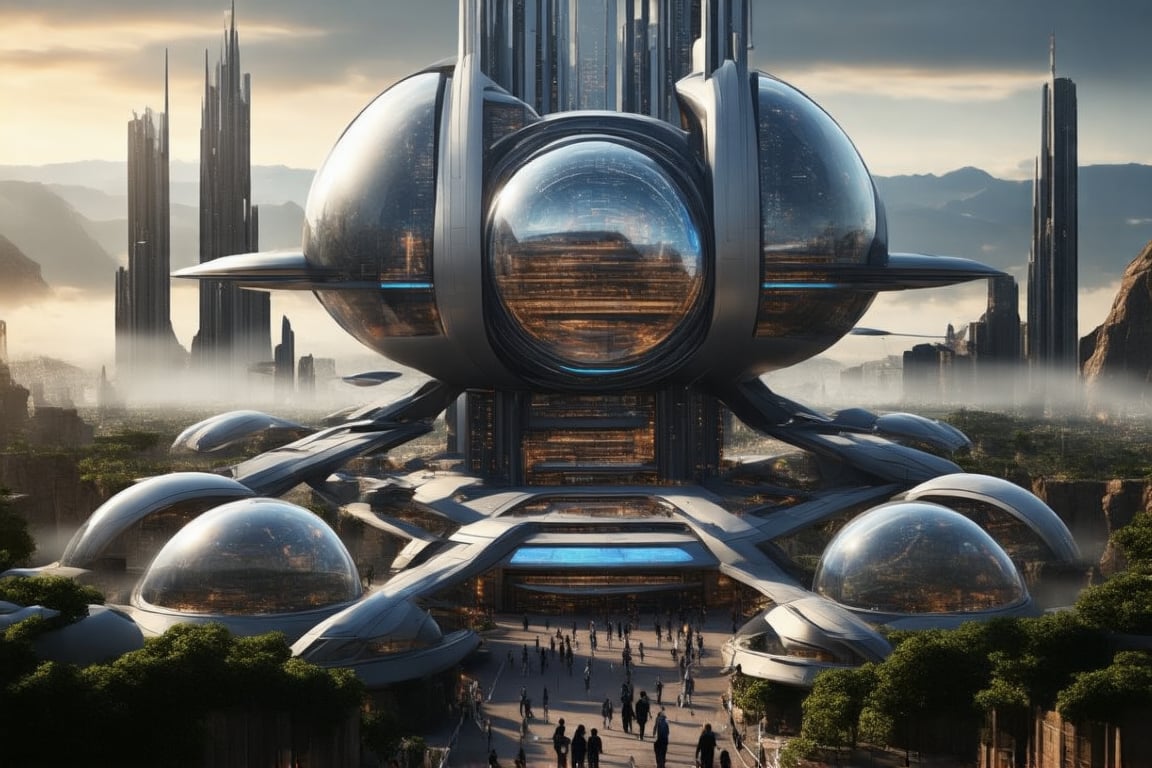 A sleek, silver flying ship soars through the futuristic city's skyline, its gull-wing doors open to reveal a gleaming interior. Glass bubble capsules dot the urban landscape, each one a self-contained residence. In the distance, towering ant-like structures rise from the Grand Canyon floor, their glass domes and communications spires piercing the sky.

The ship glides effortlessly, its metallic hull reflecting the moody tones of the city's fog-shrouded streets. Military planes, emblazoned with futuristic designs, take off from a sprawling steel and glass factory perched in the clouds. Amidst the towering skyscrapers, a cyberpunk cityscape comes alive at night: neon lights dance across buildings, while pedestrians hurry to and fro.

The scene is set against a blurred background of cityscapes, vehicles, and trees, with more details revealed upon closer inspection. A majestic office building rises from the heart of the city, its vertical lines and sleek design a testament to the future's urban evolution. As night falls, the city transforms into a vibrant tapestry of lights and sounds, a new colony born from the ashes of yesterday.,futureurbannight,futureurbanday,Newcolony