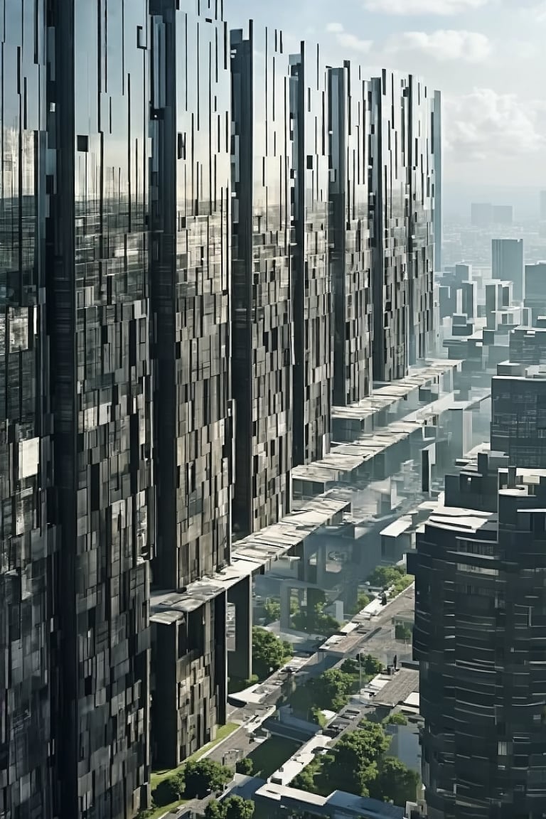 A low-angle shot captures the sleek, glass-fronted building's vertical lines piercing the sky, juxtaposed with the horizontal plane of the sidewalk below. The blurred background of surrounding buildings and bustling streets frames the subject, a focal point amidst the urban void. Stacked windows reflect the cityscape, while the New Colony's modern architecture stands out against the vibrant, stacked skyscrapers.,Newcolony,Void,Vertical