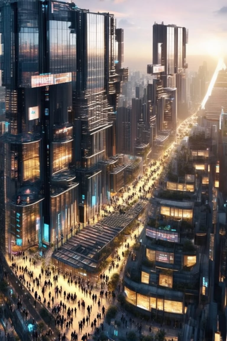 A futuristic cityscape at dusk, with sleek skyscrapers and neon-lit streets radiating a sense of technological advancement. Towering buildings with glass facades reflect the vibrant hues of the setting sun, while slender poles supporting holographic advertisements pierce the air. The atmosphere pulses with energy, as people from all walks of life converge on the bustling city.,Void,Horizontal