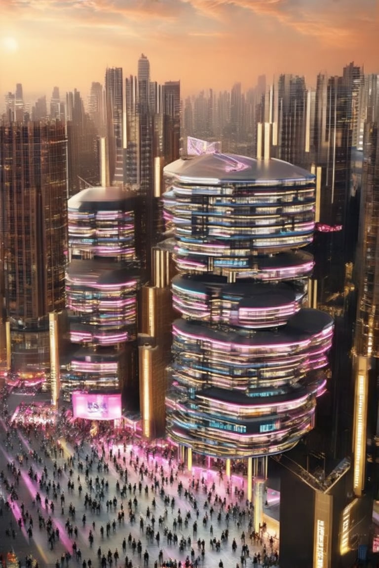 Futuristic Metropolis at Dusk: A sweeping cityscape unfolds as setting sun casts golden glow on towering skyscrapers, reflecting vibrant hues of orange and pink. Neon lights dance across pavement amidst slender poles supporting holographic ads. Crowds gather, diverse faces woven into pulsing energy, surrounded by Newcolony's stacked structures, symbolizing human innovation.,Horizontal,Stacked