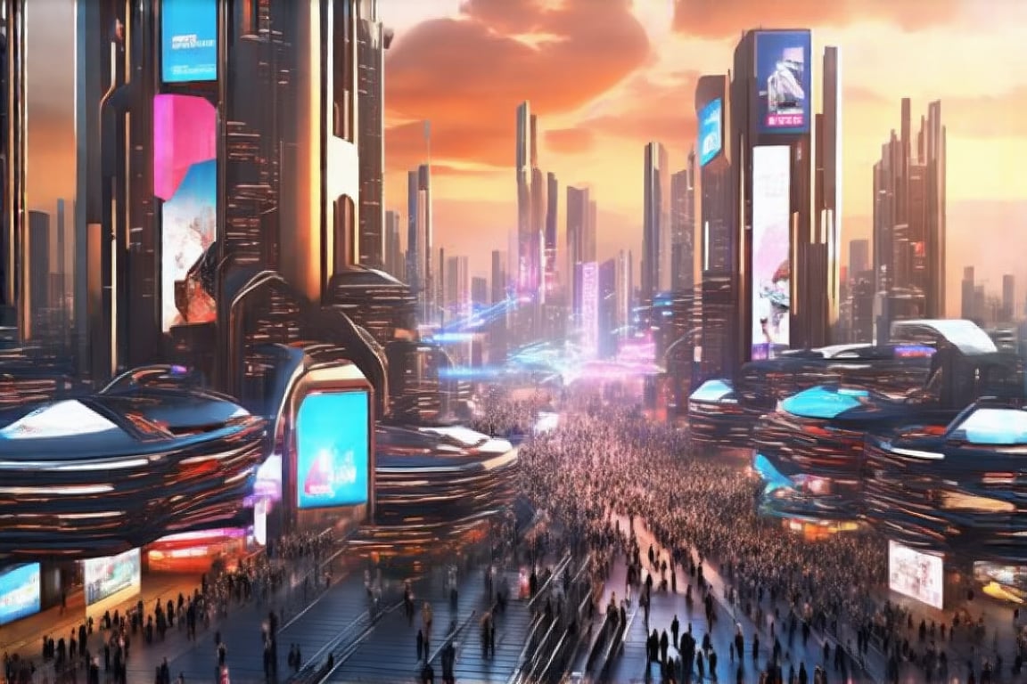 Futuristic Metropolis at Dusk: A sweeping cityscape unfolds as setting sun casts golden glow on towering skyscrapers, reflecting vibrant hues of orange and pink. Neon lights dance across pavement amidst slender poles supporting holographic ads. Crowds gather, diverse faces woven into pulsing energy, surrounded by Newcolony's stacked structures, symbolizing human innovation.,Horizontal,Stacked,futureurbannight,futureurbanday