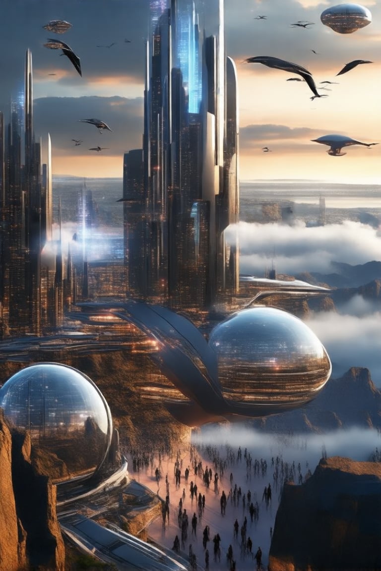 A gleaming silver flying ship with gull-wing doors open, revealing a radiant interior, soars effortlessly through the futuristic city's skyline. Fog-shrouded streets below, illuminated by moody tones, reflect off its metallic hull. In the distance, towering ant-like structures rise from the Grand Canyon floor, their glass domes and communications spires piercing the sky.

Neon lights dance across buildings as pedestrians hurry to and fro amidst towering skyscrapers. A majestic office building rises from the city's heart, its sleek design a testament to urban evolution. As night falls, the city transforms into a vibrant tapestry of lights and sounds.,futureurbannight,futureurbanday,Newcolony