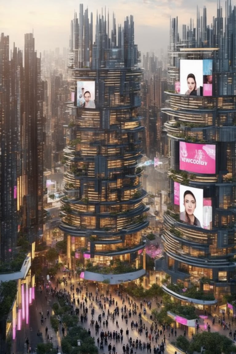 A futuristic metropolis at dusk: a sprawling cityscape unfolds before us, where gleaming skyscrapers rise like shards of glass from the urban landscape. Neon hues dance across the pavement as setting sun casts its golden glow upon towering facades, reflecting vibrant shades of orange and pink. Slender poles support holographic ads, suspended in mid-air like ethereal sculptures. Amidst this horizontal expanse, crowds gather, a tapestry of diverse faces woven into the city's pulsating energy. Newcolony's stacked structures rise, a testament to human innovation, as the bustling streets hum with life.,Horizontal,Stacked