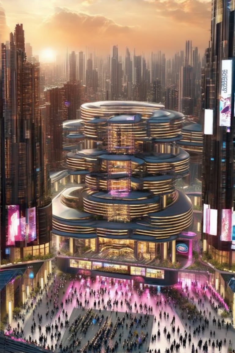 Futuristic Metropolis at Dusk: A sweeping cityscape unfolds as setting sun casts golden glow on towering skyscrapers, reflecting vibrant hues of orange and pink. Neon lights dance across pavement amidst slender poles supporting holographic ads. Crowds gather, diverse faces woven into pulsing energy, surrounded by Newcolony's stacked structures, symbolizing human innovation.,Horizontal,Stacked