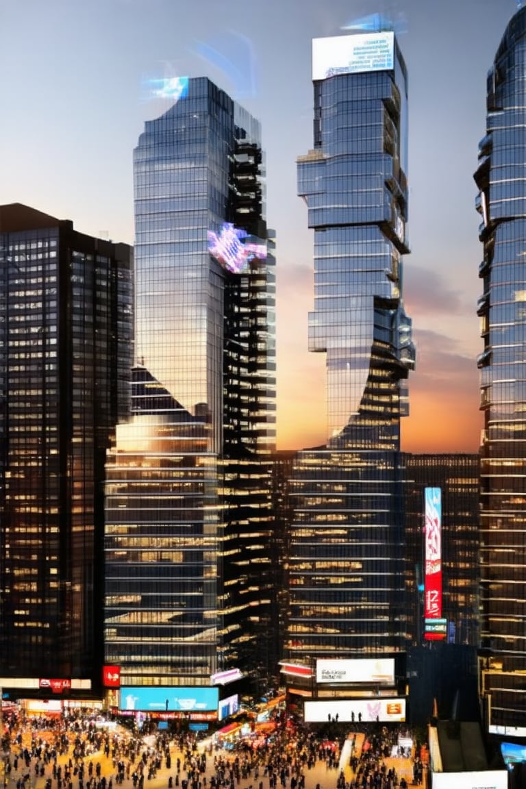 A futuristic cityscape at dusk, with sleek skyscrapers and neon-lit streets radiating a sense of technological advancement. Towering buildings with glass facades reflect the vibrant hues of the setting sun, while slender poles supporting holographic advertisements pierce the air. The atmosphere pulses with energy, as people from all walks of life converge on the bustling city.,Void,Horizontal