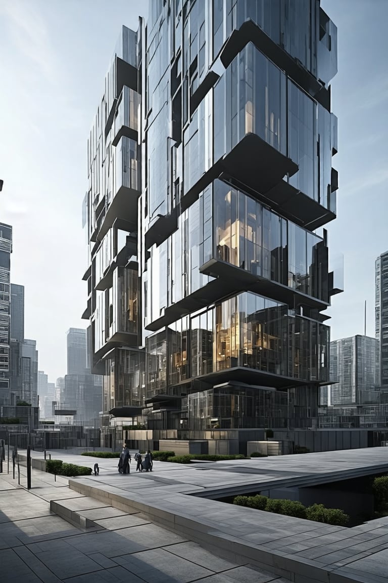 A low-angle shot captures the sleek, glass-fronted building's vertical lines piercing the sky, juxtaposed with the horizontal plane of the sidewalk below. The blurred background of surrounding buildings and bustling streets frames the subject, a focal point amidst the urban void. Stacked windows reflect the cityscape, while the New Colony's modern architecture stands out against the vibrant, stacked skyscrapers.,Newcolony,Void,Vertical