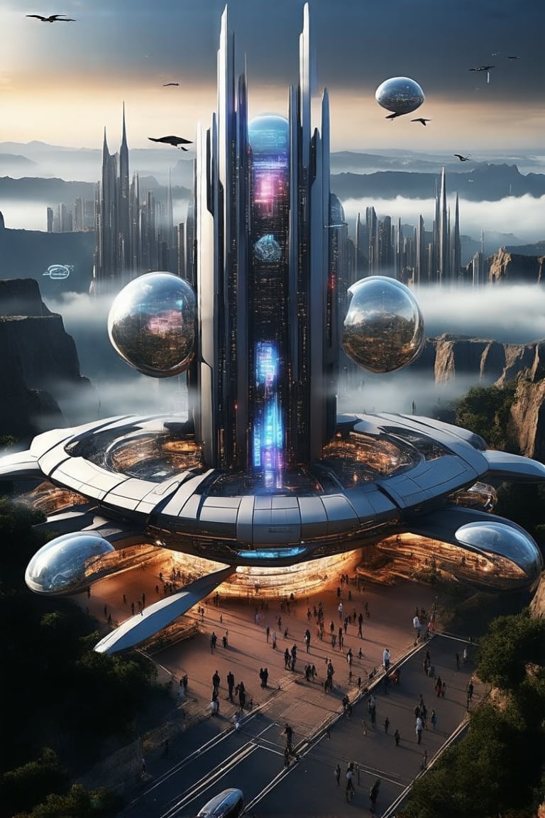 A sleek, silver flying ship soars through the futuristic city's skyline, its gull-wing doors open to reveal a gleaming interior. Glass bubble capsules dot the urban landscape, each one a self-contained residence. In the distance, towering ant-like structures rise from the Grand Canyon floor, their glass domes and communications spires piercing the sky.

The ship glides effortlessly, its metallic hull reflecting the moody tones of the city's fog-shrouded streets. Military planes, emblazoned with futuristic designs, take off from a sprawling steel and glass factory perched in the clouds. Amidst the towering skyscrapers, a cyberpunk cityscape comes alive at night: neon lights dance across buildings, while pedestrians hurry to and fro.

The scene is set against a blurred background of cityscapes, vehicles, and trees, with more details revealed upon closer inspection. A majestic office building rises from the heart of the city, its vertical lines and sleek design a testament to the future's urban evolution. As night falls, the city transforms into a vibrant tapestry of lights and sounds, a new colony born from the ashes of yesterday.,futureurbannight,futureurbanday,Newcolony